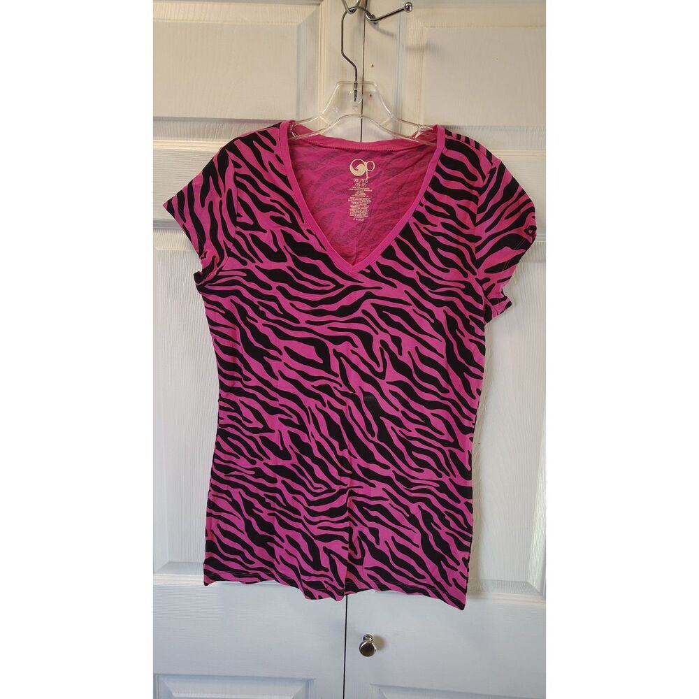 Vintage Y2K Op Ocean Pacific Hot Pink Zebra Print V-Neck T-Shirt XL (15-17)
